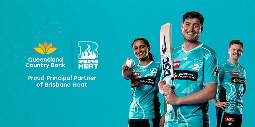 Queensland Country Bank and Brisbane Heat logos with text 'Proud Principal Partner of Brisbane Heat'; three Brisbane Heat players in teal jerseys holding cricket bat and ball.
