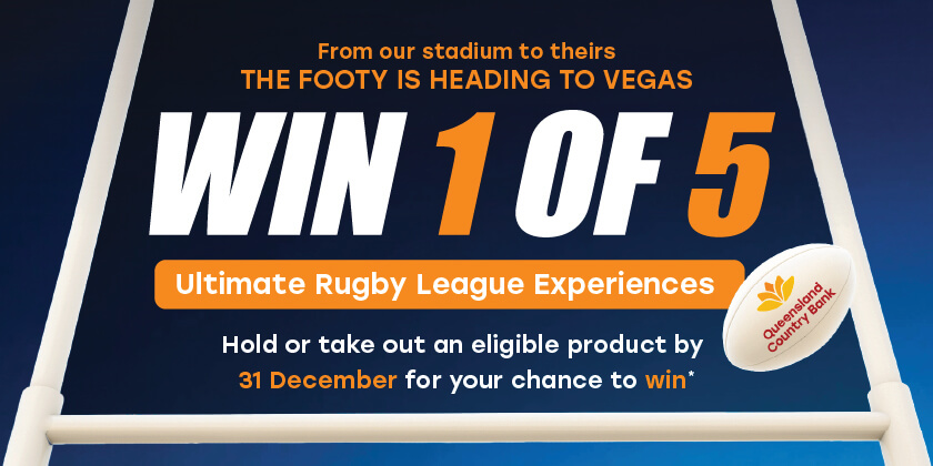 Promotional banner showing Allegiant Stadium on the left and Bellagio Hotel on the right, with text advertising a chance to win one of five ultimate rugby league experiences.