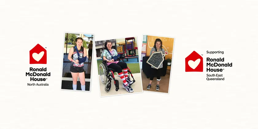 Banner featuring multiple photos of a young person in various environments with Ronald McDonald House North Australia and South East Queensland logos