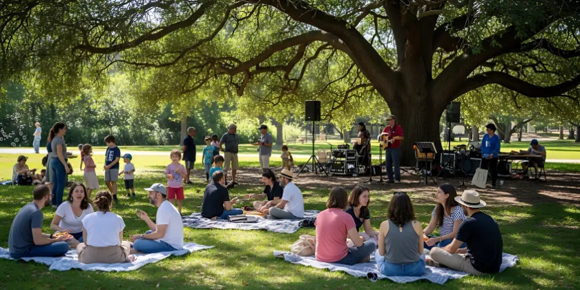 People gathered in a park under a large shade tree, sitting on picnic blankets and socialising.