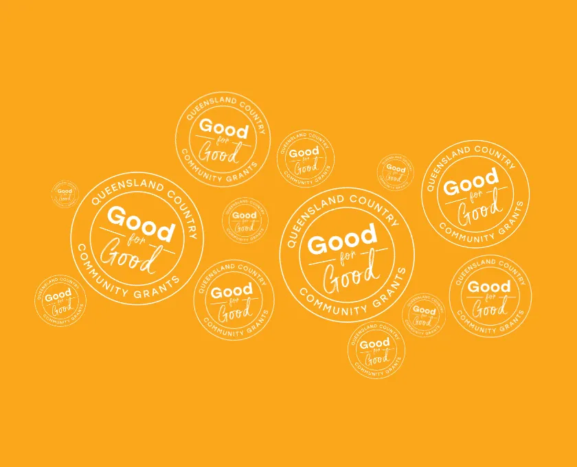 Pattern of multiple Queensland Country Good for Good Community Grants logos in various sizes on an orange background.