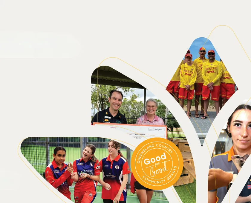 Collage of community grant recipients, including sports teams and community members, arranged around the Queensland Country Good for Good Community Grants emblem and the Queensland Country lotus symbol.