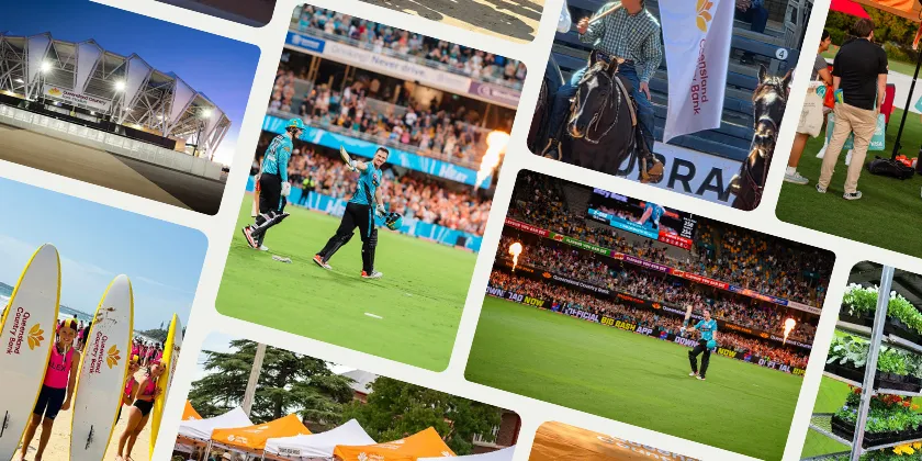 Collage of Queensland Country Bank community sponsorship events, including sports games, beach activities, festivals, and local community gatherings.