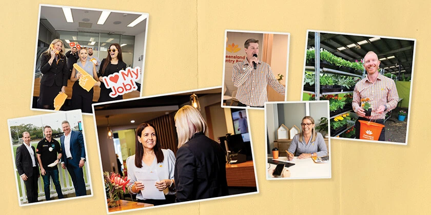 Collage of workplace moments showing employees interacting, celebrating achievements, speaking at events, and assisting customers, displayed against a warm yellow background.