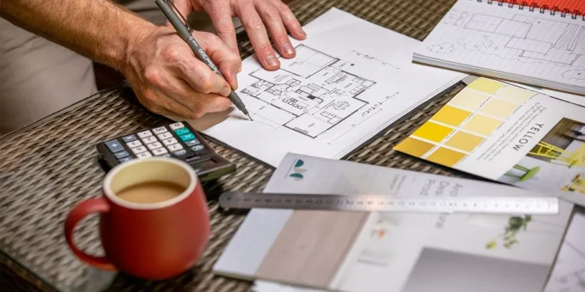Person sketching a home floor plan on a printed architectural drawing at a table, with a calculator, ruler, coffee mug, notebook, and paint colour samples nearby.