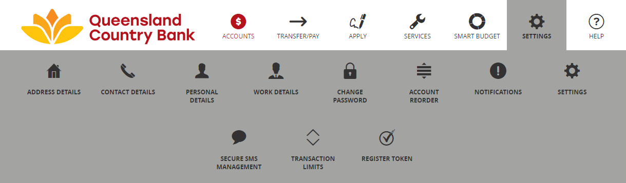 Internet Banking Settings menu