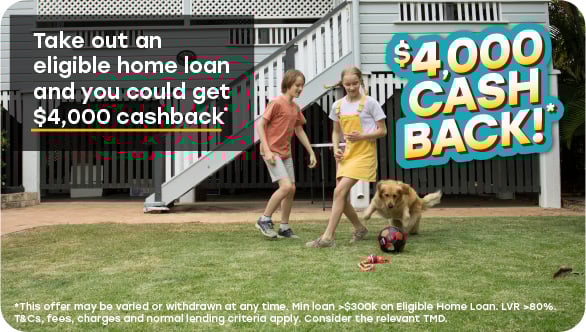 Promotional image featuring two children playing with a dog in a house yard. Text on the left promotes a home loan offer with '$4,000 cashback,' while the right side highlights '$4,000 CASH BACK!' in bold graphics.