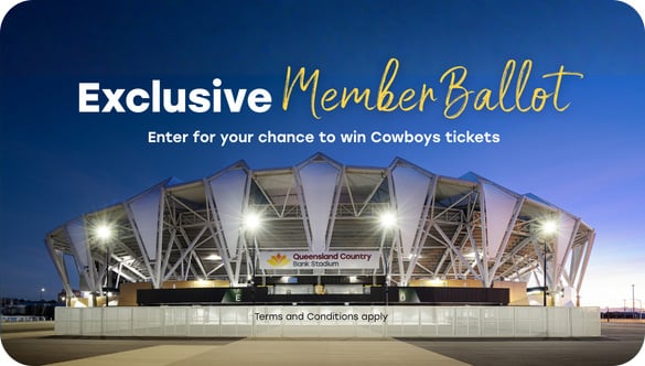 Queensland Country Bank Stadium exterior at dusk with promotional text about an exclusive Member ballot for Cowboys tickets.