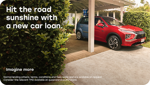 Red and blue car parked under a carport beside a house, promoting a new car loan.