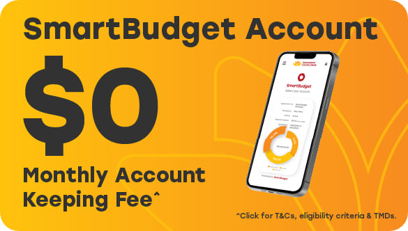 Promotional graphic for a SmartBudget Account featuring a bright orange background with bold text advertising $0 monthly account‑keeping fees for 12 months when opened by 31 March 2026.