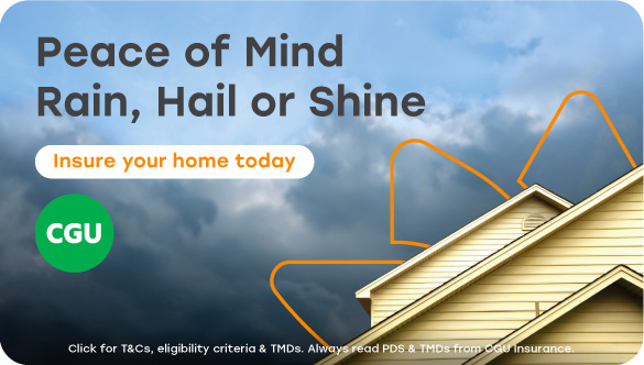 House roof in the foreground with dark storm clouds in the background, orange line art highlighting roof edges. Text reads 'Peace of Mind Rain, Hail or Shine' and 'Insure your home today'. Green CGU logo on the left, offered through Queensland Country Bank.