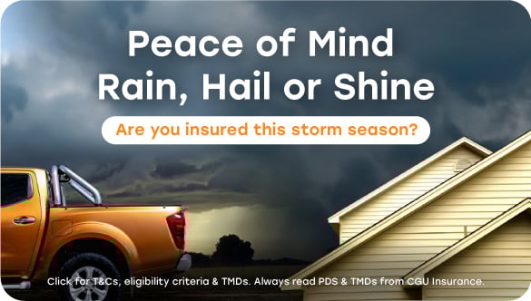 House roof in the foreground with dark storm clouds in the background, orange line art highlighting roof edges. Text reads &lsquo;Peace of Mind Rain, Hail or Shine&rsquo; and &lsquo;Are you insured this storm season?&rsquo;. Orange ute  partially visible on the left. Green CGU logo on the left, offered through Queensland Country Bank.