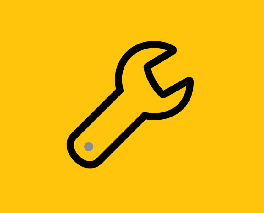 Yellow background with a black and yellow wrench icon in the centre.