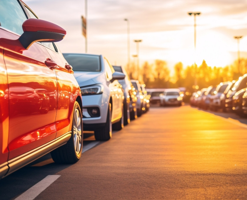 Cars parked in a parking lot during sunset with a warm, golden glow reflecting off the vehicles.