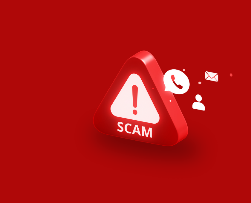 Red triangular warning sign with an exclamation mark and the word 'SCAM' on a red background, accompanied by icons of a phone, email, and person.