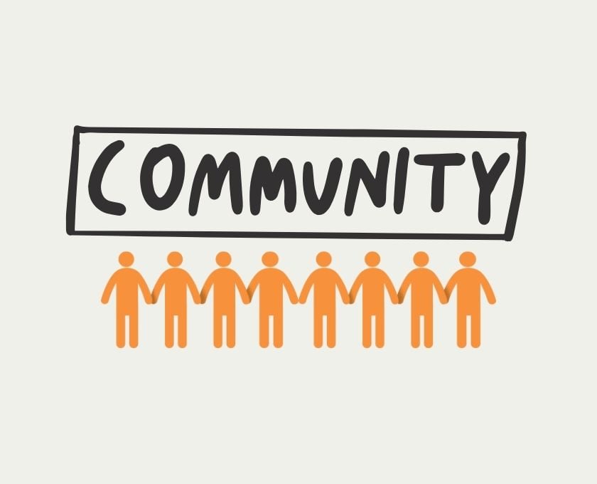 Illustration featuring the word 'Community' in bold black letters with orange stick figures holding hands.