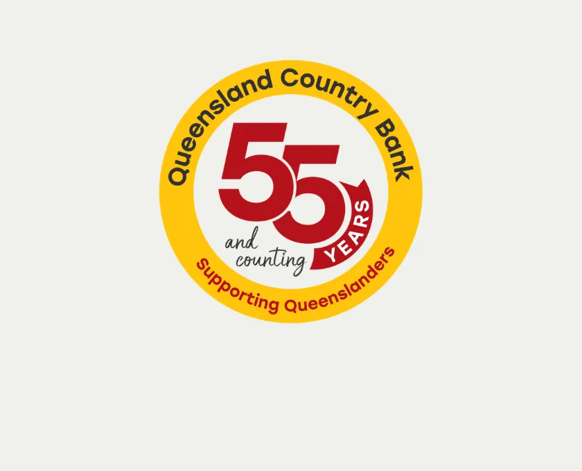 Queensland Country Bank 55th anniversary graphic featuring a circular badge with ‘55 years and counting’ 