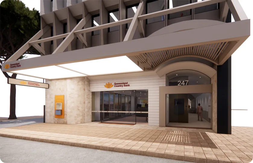 Design mockup of the new Queensland Country Bank Brisbane branch showing the street-level entrance, signage and ATM.