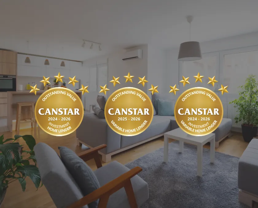 Three gold Canstar Outstanding Value award badges for 2024–2026 displayed over a modern living room background, representing Investment Home Lender, Investment Variable Home Lender and Variable Home Lender awards.