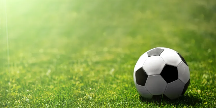 Soccer ball resting on a green grass field in bright sunlight.