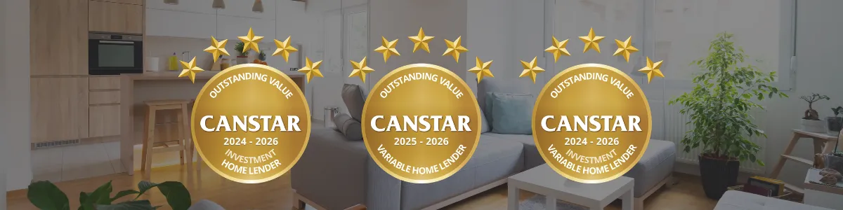 Three gold Canstar Outstanding Value award badges for 2024&ndash;2026 displayed over a modern living room background, representing Investment Home Lender, Investment Variable Home Lender and Variable Home Lender awards.