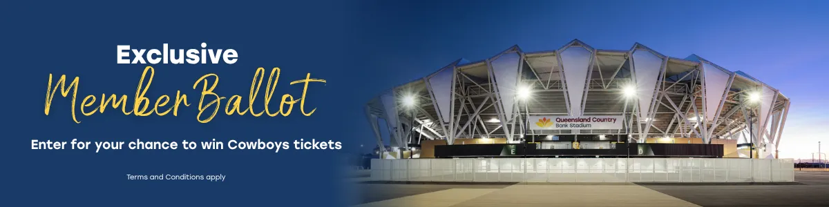 Promotional banner for an exclusive member ballot to win Cowboys tickets, featuring an evening view of Queensland Country Bank Stadium.