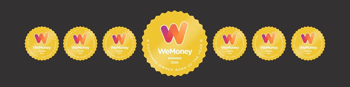 Image showcasing Queensland Country Bank&rsquo;s 2025 WeMoney Awards, featuring circular gold award badges on a grey background.