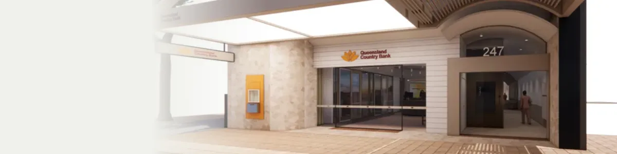 Concept design of a Queensland Country Bank branch entrance at 247 Adelaide Street, Brisbane, featuring a glass-fronted office, signage, and an ATM.