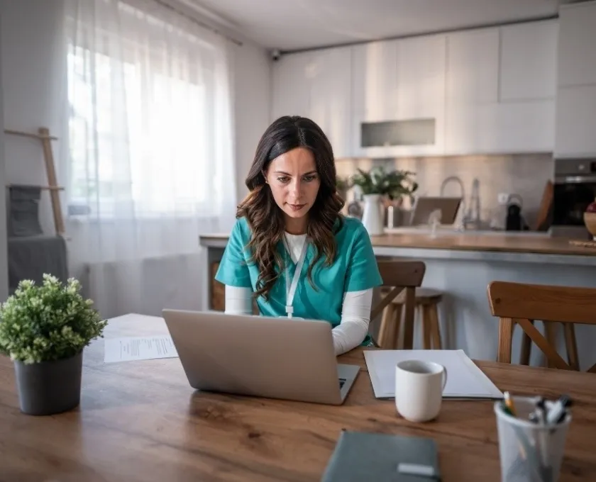 Person in medical scrubs working on a laptop at a wooden table in a bright kitchen with papers, a coffee mug, and a potted plant.